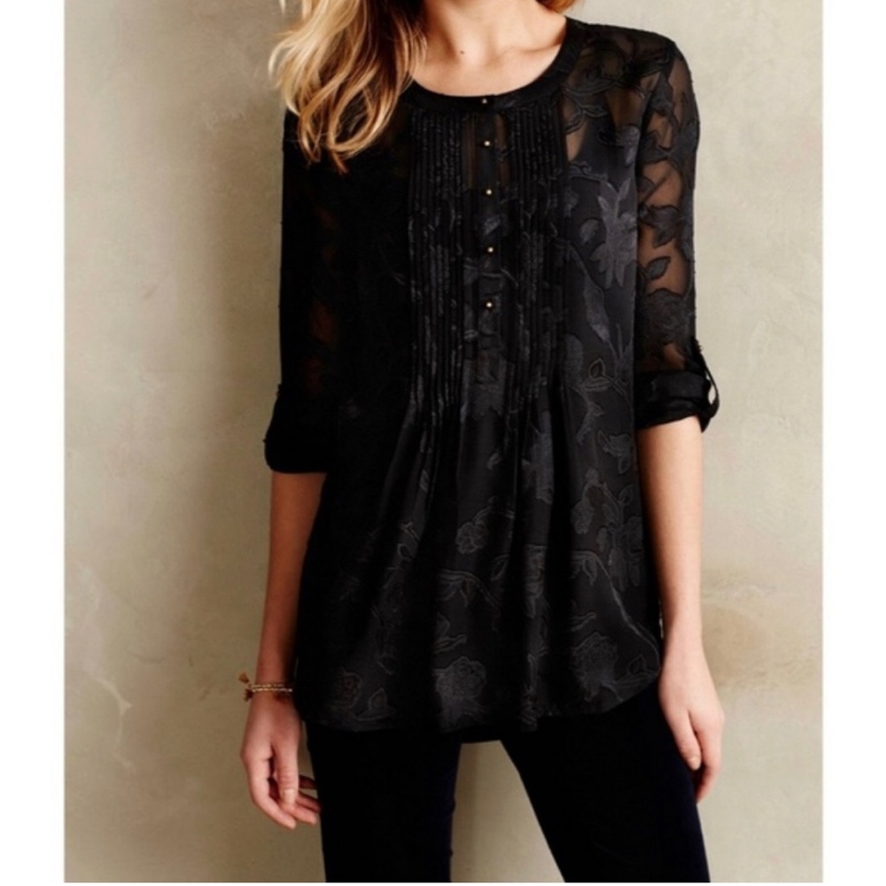 Meadow Rue Anthropologie Faye blouse black sheer Small Petite roll tab sleeves